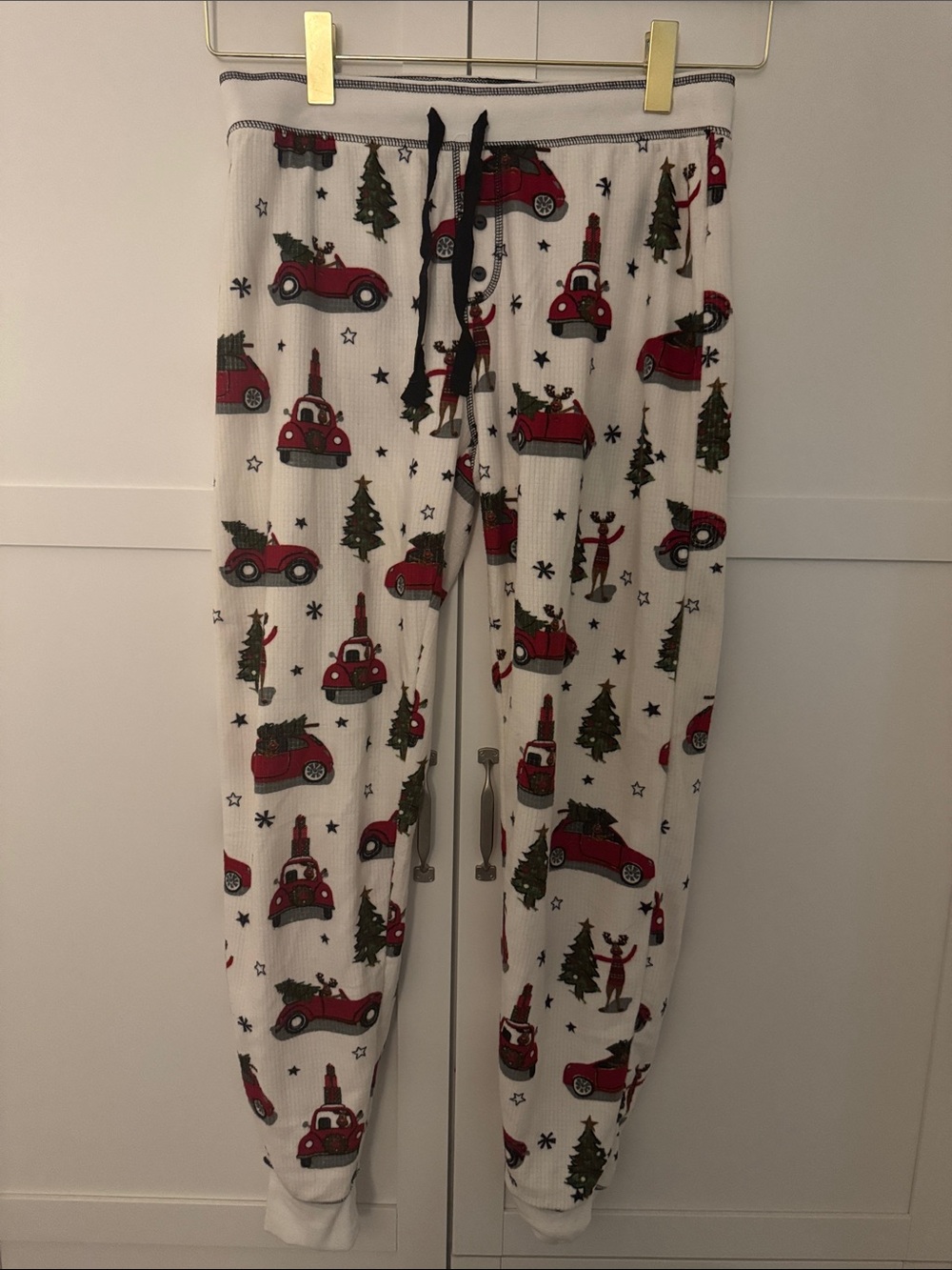 PJ Salvage White Lounge Pants with Red Holiday Car Print